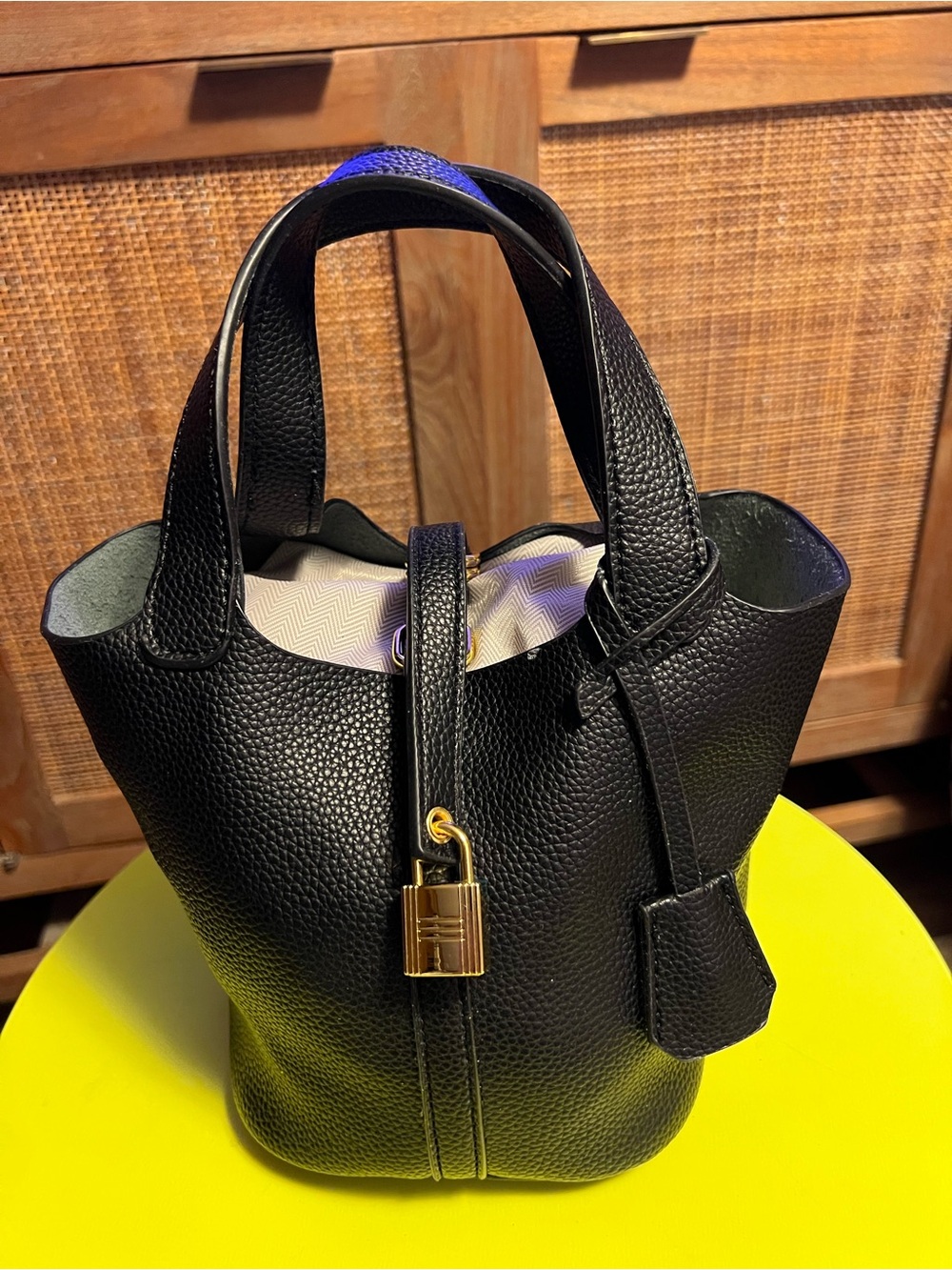 Black Leather Bucket Bag with Gold Padlock